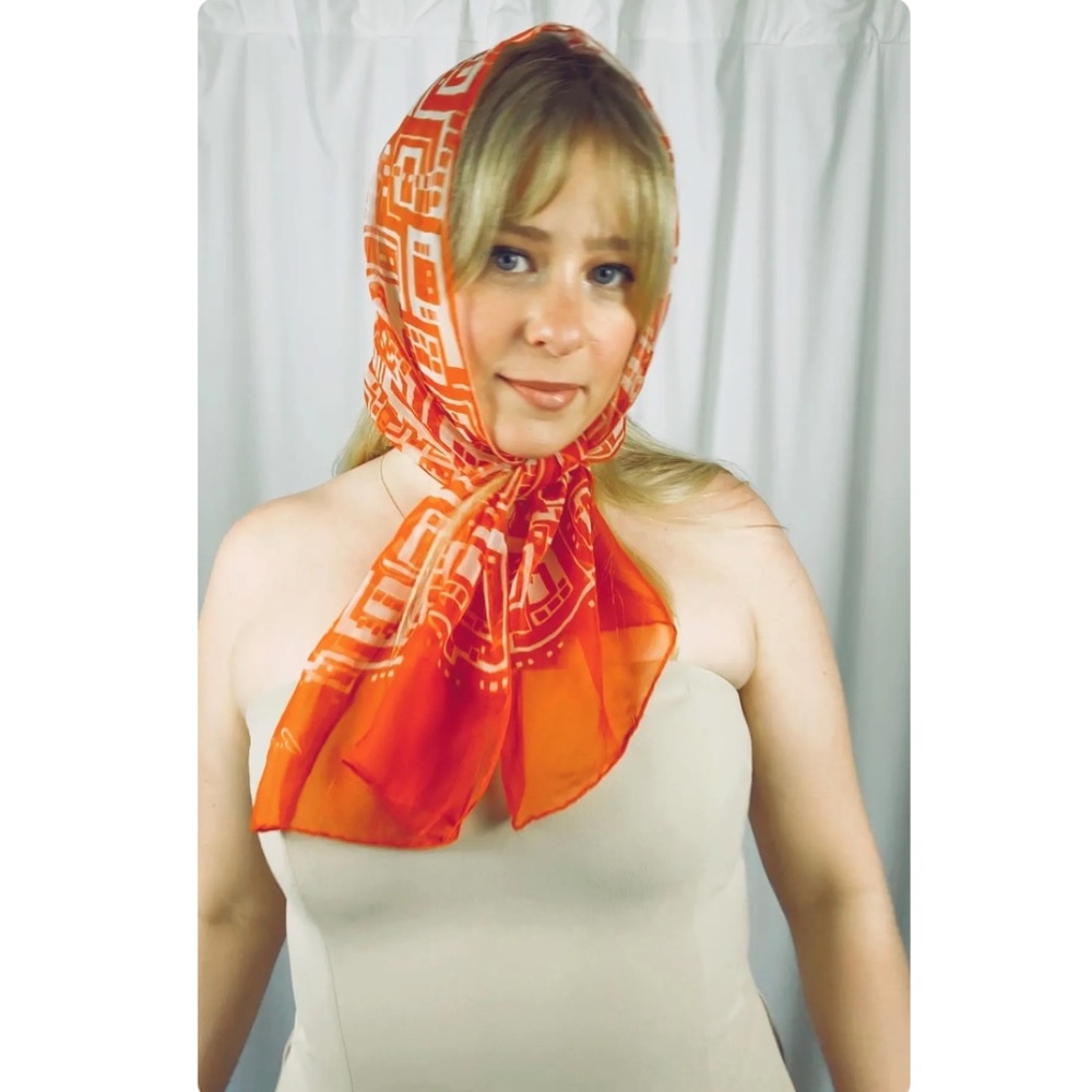 Vintage Sheer Terracotta Orange + White Geometric Rectangle Neck and Hair Scarf